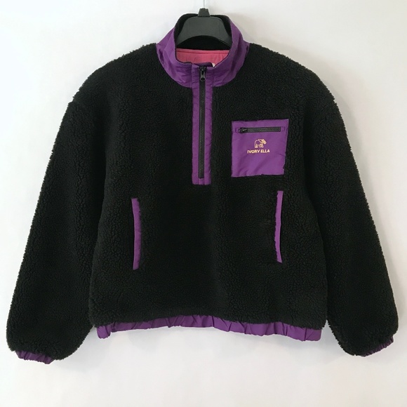 Ivory Ella Black Sherpa Teddy Fleece 1/3 Zip Purple Trim Accents - Picture 2 of 15